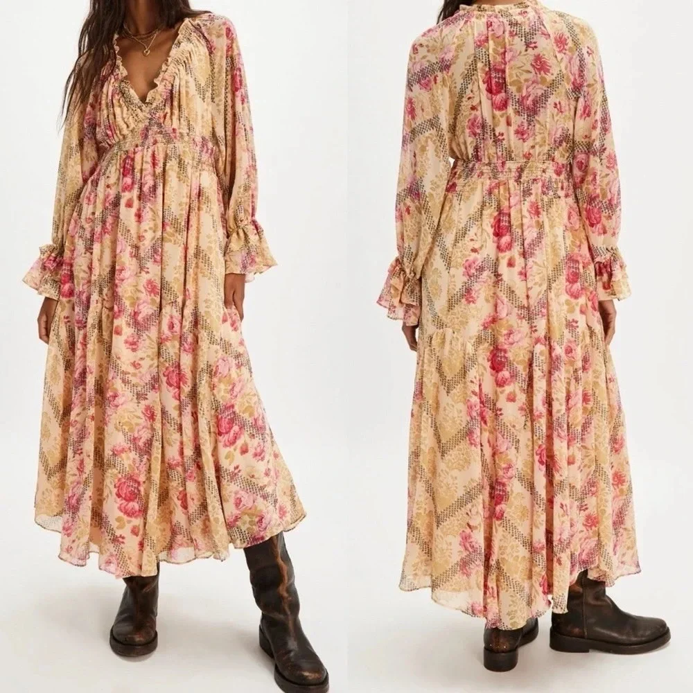 Free People Floral Maxi Dress Natural Combo V-Neck Smocked Waist Small OB2097030 - Picture 15 of 15